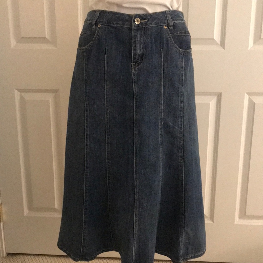 Baccini Y2K Blue Denim Jean Midi Skirt Flared Gored Size 10 long medium large